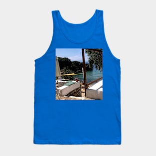 Paradise view on blue sea and beach from Mediterranean balcony in Greece Tank Top